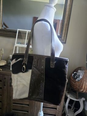 Handcrafted TRAVELTELI Leather and Cowhide Patchwork Tote Bag